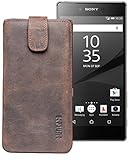 Suncase ECHT Ledertasche Leder Etui für Sony Xperia Z5 Compact Tasche (mit Rückzugsfunktion) antik-dunkel braun