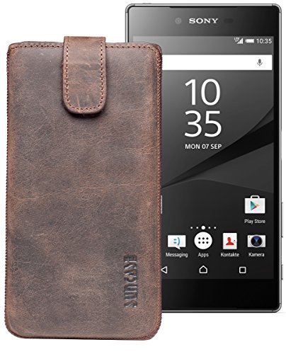 Suncase ECHT Ledertasche Leder Etui für Sony Xperia Z5 Compact Tasche (mit Rückzugsfunktion) antik-dunkel braun