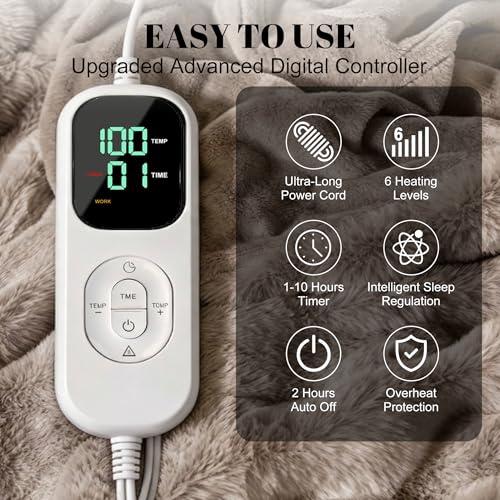 Image of IUUI Electric Heated Blanket Throw 50''x60'',Luxury Faux Rabbit Fur Heating Throw Blankets,Fast Heating with 1 /2 /4 /6 /8 /10 Hours,Overheat Protection, Quick Heating, Memory Function, Gift-Ready Design