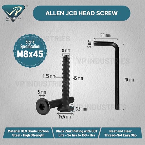 Image of By inchVP INDUSTRIES inch (Pcs-15) M8x45mm Allen JCB Flat Head Screw Black Zinc Plated High Tensile | Allen key Head Screw for Modular Furniture, Wooden Work, Electrical Fittings, DIY & Industrial Use