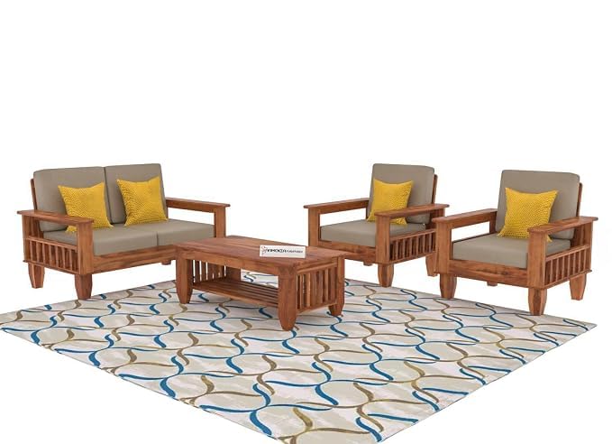 Image of Sheesham Wooden 4 Seater Sofa for Living Room | Rosewood 4 Seater Cushion Sofa with Side Newspaper Holder for Home & Office | Solid Wood Sofa Set for Lounge (Honey,2+1+1 Seater)