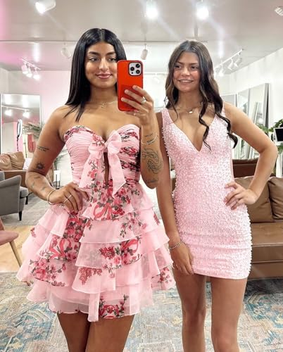 Homecoming Dresses for Teens Floral Short Prom Evening Gowns Strapless Tiered Graduation Party Gown ZX1393