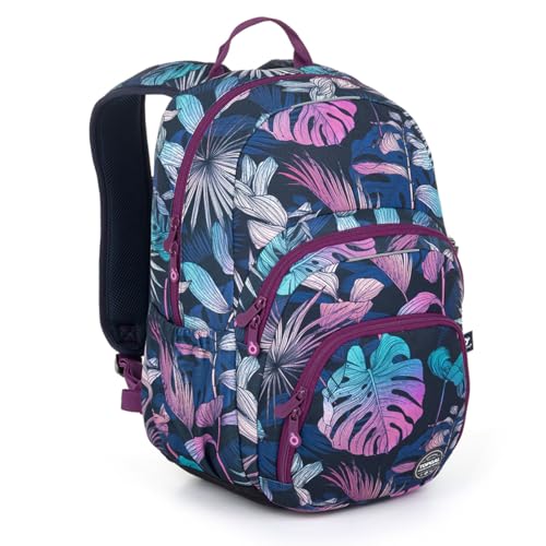 SKYE Schulrucksack ab der 5. Klasse (ca. 145 cm), ergonomisch mit Aluminiumverstärkung, wasserabweisend & leicht, mit reflektierenden Elementen, 28 L Schulranzen mit Brustgurt & Laptopfach. (Monstera)