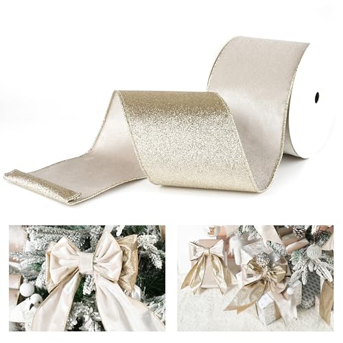 LIZLOVESS Champagne Velvet Wired Ribbon with Glitter Back 4 Inch Ivory and Gold Christmas Wired Ribbon for Christmas Tree Decorations, Gift Wrapping, Mantel, Wreaths Supplies, Topper Bows (10 Yards)