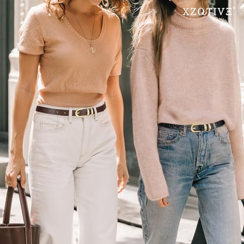 XZQTIVE 2 Pack Women's Skinny Leather Belts Ladies 0.78'' Thin Waist Belt for Jeans Dress Pants with Trendy Gold Buckle3