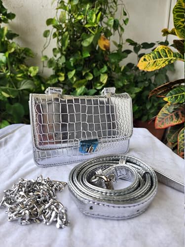 Image of Waist Cum Sling Bag for Women | Vegan Leather PU Bag with Adjustable & Detachable Sling Strap | Durable Handmade Compact Travel Accessory for Outings | Silver