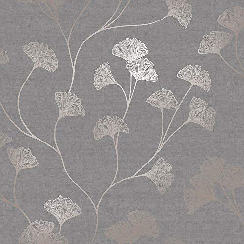 Floral Wallpaper Flowers Grey Rose Gold Metallic Shimmer Holden Decor Ginkgo