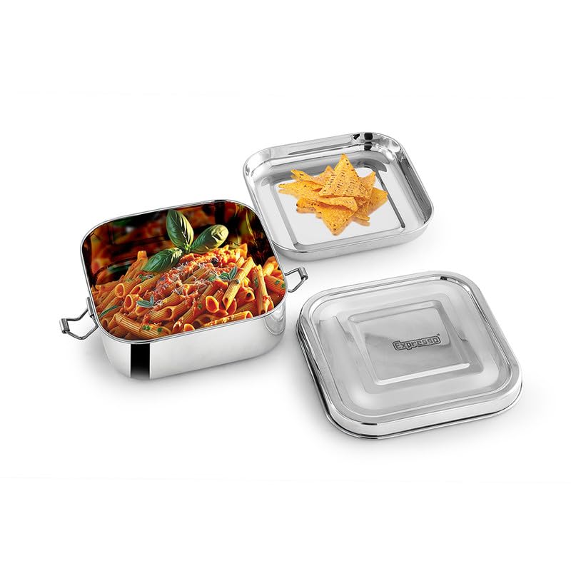 Image of Expresso Steel Tiffin Box for Office | Stainless Steel Lunch Box, 300 ML with Inner Plate | Traditional Design Glossy Finish Steel Box in Silver