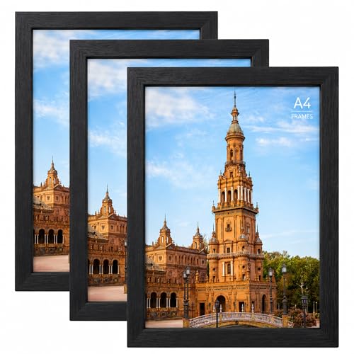 Uhogo A4 Black Frame Set of 3 A4 Picture Frames Black Woodgrain Finish
