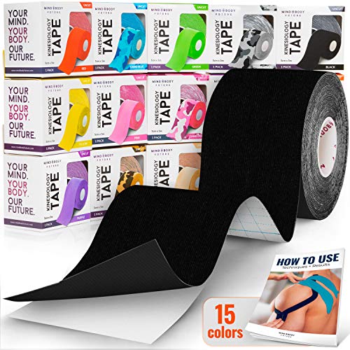 Mind Body Future Kinesiology Tape - Black (1 Pack) - Premium Grade Uncut 5cm x 5m Roll - Ideal for Athletic Sports Physio Strapping and Muscle Injury & Support - Includes eGuide