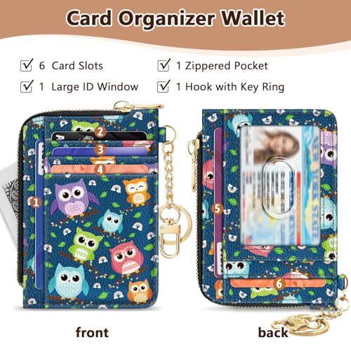 Image of GIANCOMICS Slim Wallet Credit Card Holder Women, Owls Rfid Blocking Small Card Case, Keychain Thin Pocket Curved Zipper Wallet, Travel Card Holder PU Leather ID Window, Ladies Female Gifts
