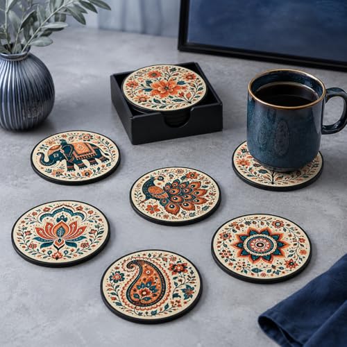 Image of Zesta Coasters for Cups Set of 6 / Wooden Coasters for Bar Accessories for Home /Tea Coaster Set of 6 / Waterproof Dining Table Decor Glass Cover (Abstract 2, Circle)