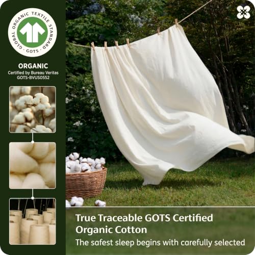 Image of Bedsure PureWoven 100% GOTS Certified Organic Cotton Sheets, Queen Size | Eco-Friendly, 17 inch Deep Pocket with Corner Straps, Luxury Hotel Soft, Breathable & Durable Sateen Bed Sheets, OEKO-Tex, Ivory