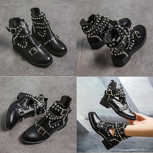 Women's Black Rivet Studded Buckle Strap Ankle Boots,Gothic Punk Cutout Block Heel Motorcycle Cowboy Combat Booties3