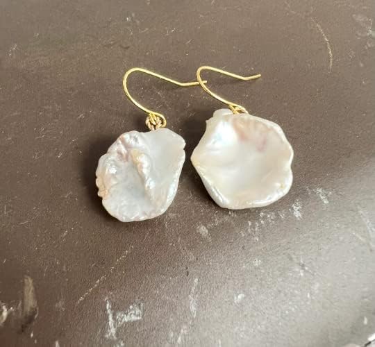 Gold Wire Wrapped Flat Freshwater Pearl Earrings