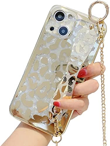 Jerisln Compatible with iPhone 13 Case,Leopard Golden Sparkle Bling Cover with Metal Chain Crossbody,Wrist Strap Kickstand Holder Shockproof Protective Case for Girls Women