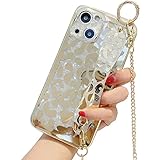 Jerisln Compatible with iPhone 13 Case,Leopard Golden Sparkle Bling Cover with Metal Chain Crossbody