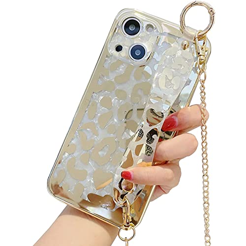 Jerisln Compatible With Iphone 13 Case,Leopard Golden Sparkle Bling Cover With Metal Chain Crossbody,Wrist Strap Kickstand Holder Shockproof Protective Case For Girls Women #TOP1