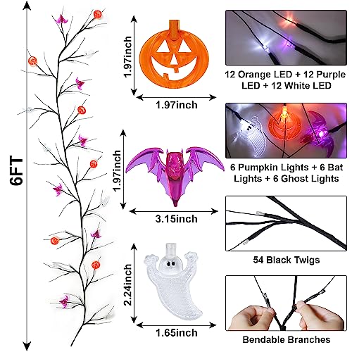6 FT Willow Vine Twig Halloween Decorations Garland with Pumpkin Bat Ghost Lights - image 6
