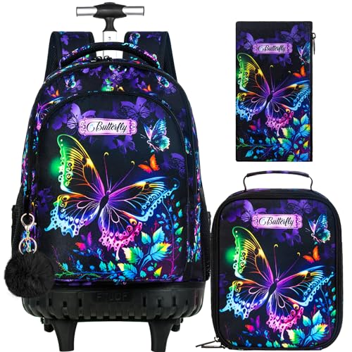 HPJGD 3PCS Rolling Backpack for Girls, Womens Butterfly School Backpacks with Wheels, Water Resistant Roller Kids Wheeled Bookbag Set with Lunch Box