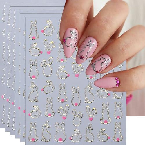 6Pcs Easter Nail Art Stickers Easter Bunny Outline Nail Stickers Self-Adhesive Nail Decals Nail Art Supplies Gold Silver Easter Bunny Design for Women Holiday Nail Decoration