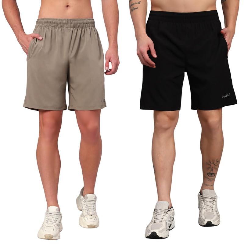 Image of ATICX Polyester Shorts for Men - Quick Dry Lightweight with Zipper Pockets - Gym, Running, Jogging, Training Half Pants for Basketball, Swimming, Badminton, Cycling, Football, Outdoor & Home Wear