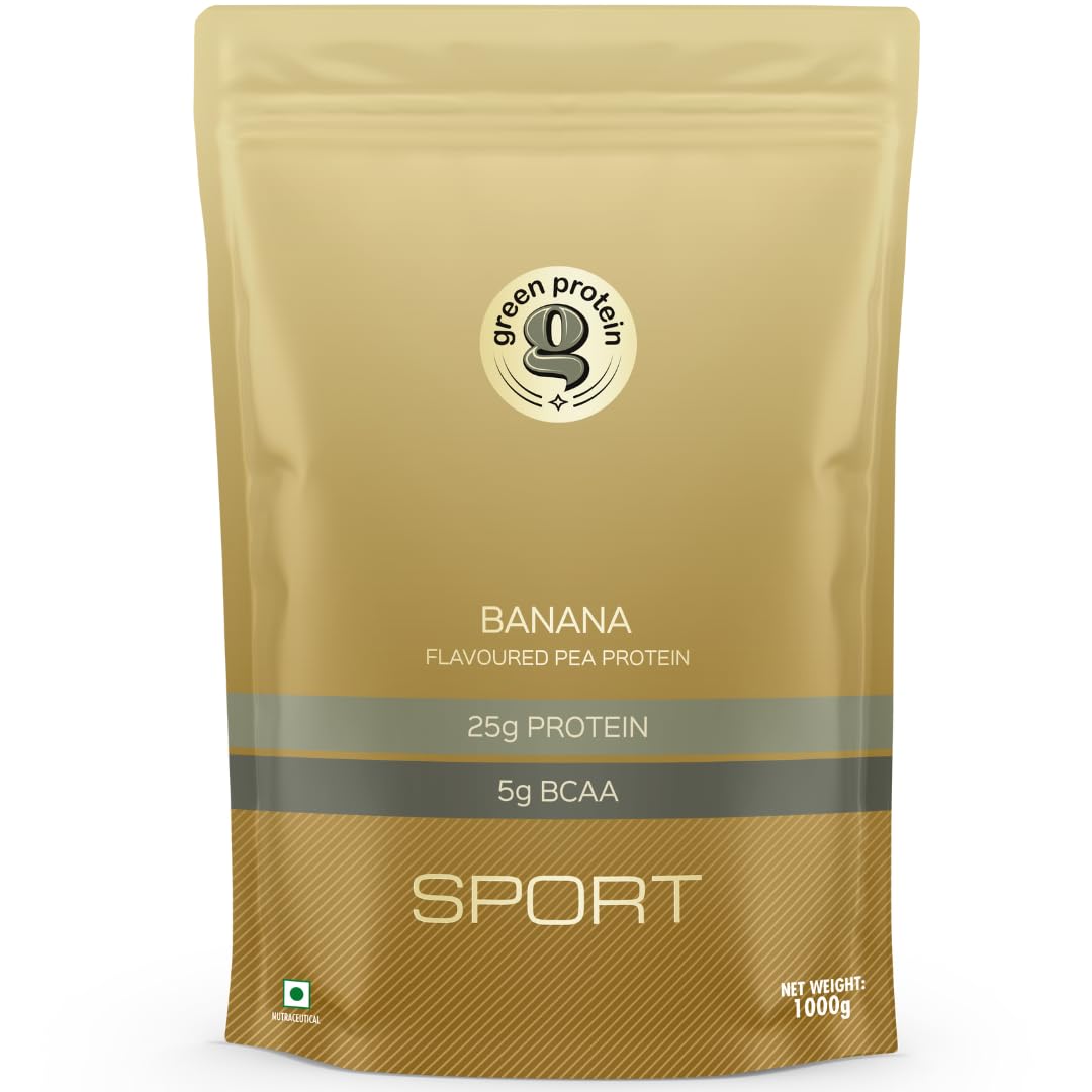 GREEN PROTEIN Vegan Plant Sport Pea Protein Isolate Powder, 25gm Protein, 5g BCAA Per Serving, No Added Sugar | Soy, Dairy, Gluten, Allergen Free | Banana Caramel Flavor, Standup Pouch (1kg)