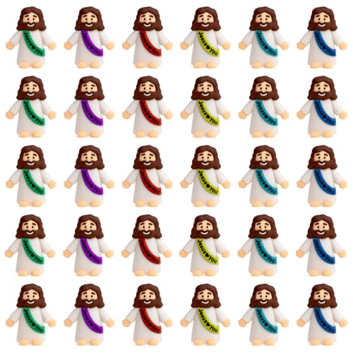 30 piezas Mini figuras de Jesús, Set multicolor de 6 colores, mini figuras de Jesús para decoración religiosa, regalos cristianos, decoración de Pascua y Navidad, para iglesia, regalo de bautizo