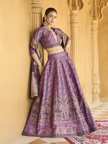 Image of PURVAJA Women's Kanjiwaram Semi-Stitched Lehenga choli