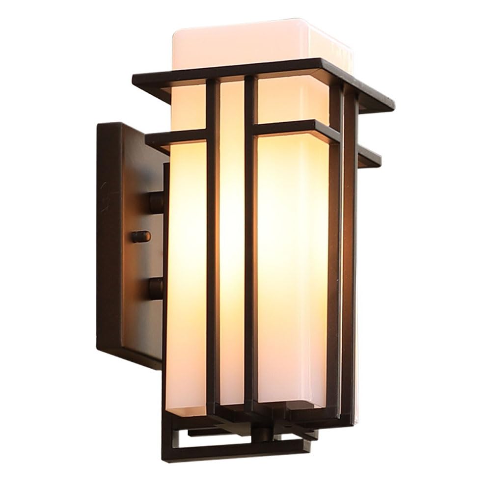 SXSCARKX Chinese Square Outdoor Simplicity Wall Light Black Die-cast Aluminum Frame Lamp with Frosted Glass Lampshade Sconce for Garden Path Deck Lantern