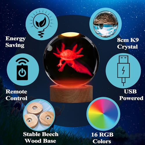 Image of Axolotl Night Light with Upgraded 3.15 Inch 3D K9 Crystal Ball, Axolotl Lamp with Remote 16 Color Gifting Box for Birthday Xmas Cool Axolotl Figurines Gifts for Room Decor Boys Girls