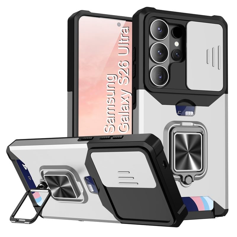 Image of LuxuryKase Shockproof Armor Case for Samsung Galaxy S26 Ultra | Slide Camera Cover | Hidden Card Slot | Rotating Ring Kickstand | Magnetic Car Mount Support | Military Grade Protection - White