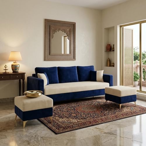 Image of Classiq Rich 5 Seater L Shape Sofa Set with 2 Movable Ottomans | Flexible Layout | Rich Velvet Suede Fabric | Silver Legs | Dual Tone Modern Sofa for Living Room (Dark Blue-Cream)