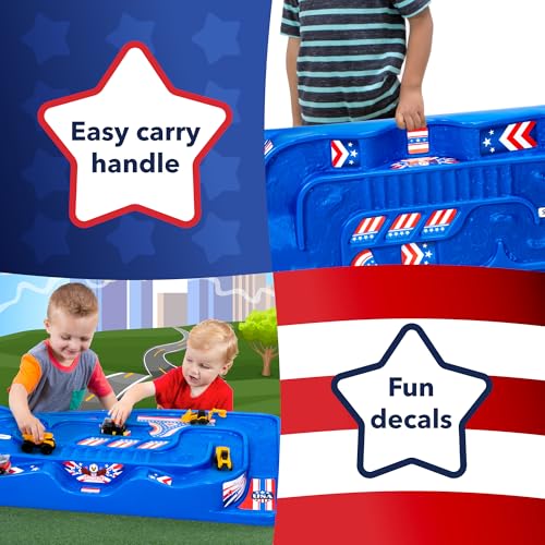 Image of Simplay3 Portable Carry and Go Kids Race Track Toy Car Train Table, 2-Sided No Assembly for Children 3 4 5 6 7 Years Old Boys Girls, Made in USA, Red White & Blue