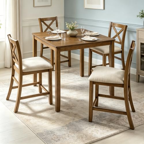 Image of LUMISOL 5-Piece Dining Table Set for 4, Farmhouse Counter Height Kitchen Table with 4 Padded Chairs, Solid Wood Square Table and Chairs Set for Dining Room, Kitchen, Oak