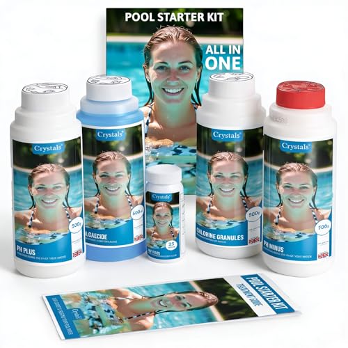 Crystals Swimming Pool Starter Kit Water Treatment Set Complete Pool Cleaning Maintenance Kit with Chlorine Granules Water Care Chemicals & Essential Accessories for Pools & Hot Tubs