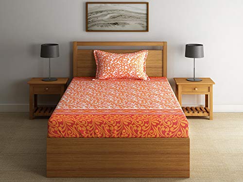 Image of Swayam Roto Cotton King Bedsheet with 2 Pillow Covers | Size 108 x 108 inch | 144 TC | Floral Design | Soft Breathable Bed Sheet | Comfortable & Durable for Bedroom - Orange