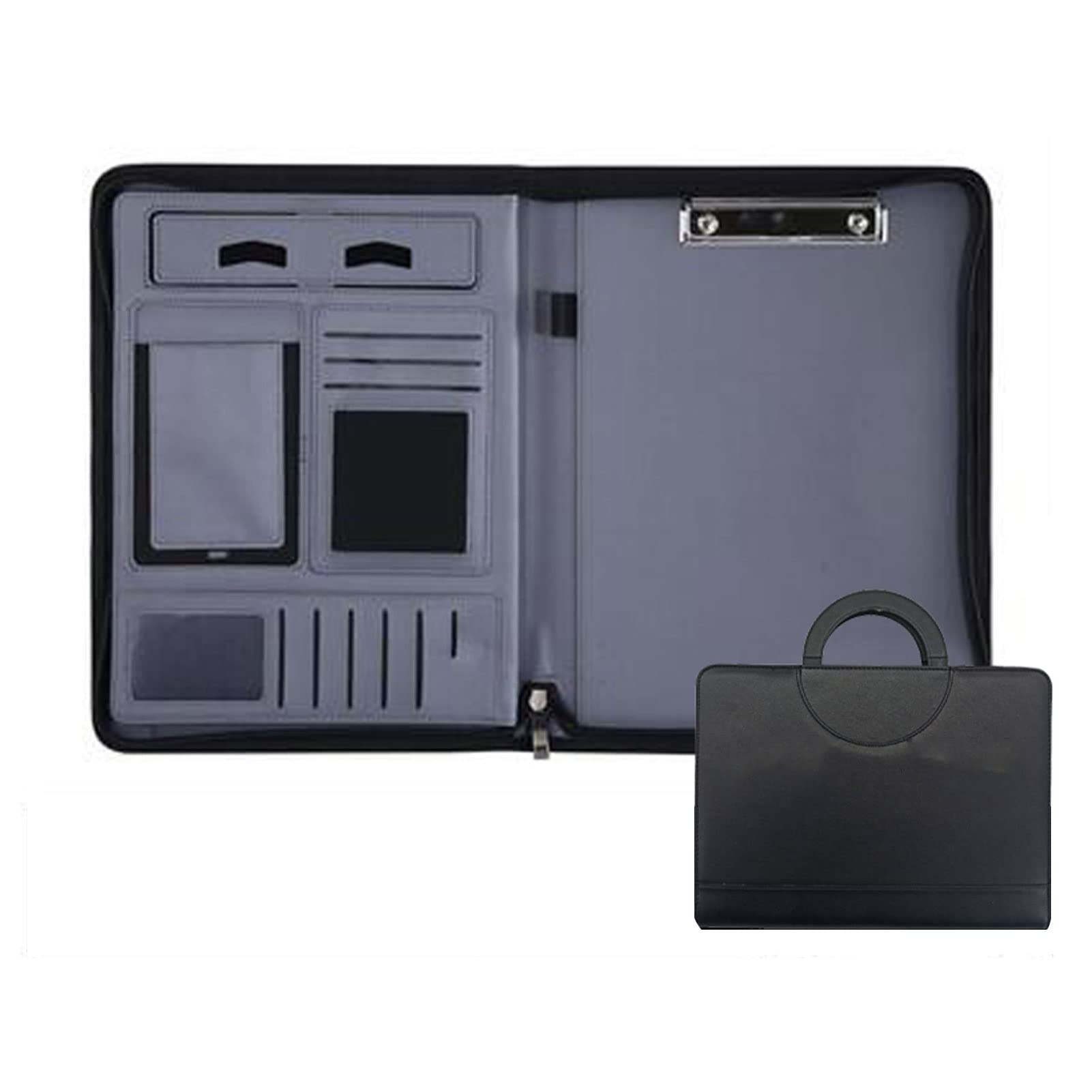 Portfolio biznesowe A4 Padfolio wielofunkcyjny segregator na zamek skórzany notatnik profesjonalny teczka na dokumenty konferencja planer dokumentów osobisty organizer dla mężczyzn kobiet (kolor: czarny, rozmiar: bez kalkulatora