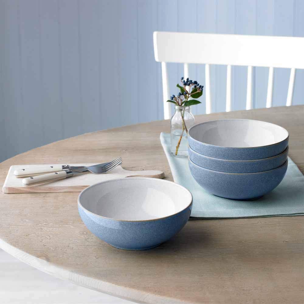 Denby - Elements Blue Cereal Bowls Set of 4 - Dishwasher Microwave Safe Crockery 820ml 17cm - Blue, White Ceramic Stoneware Tableware - Chip & Crack Resistant Soup Bowls