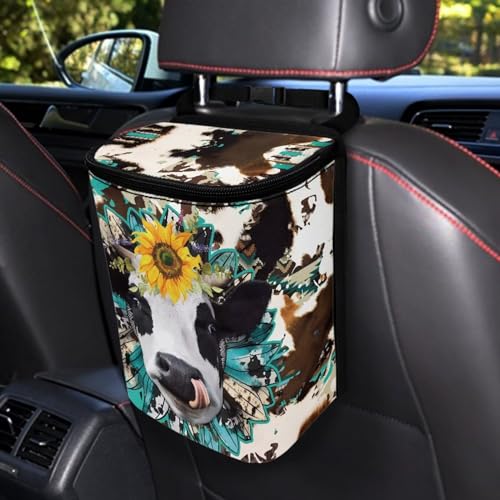 Image of Cow Print Car Trash Can Bin with Lid,Leak Proof Portable Small Garbage Bag Waste Rubbish Storage Bin for Back Seat Road Trip Travel,Aztec Cow Car Accessory for Women