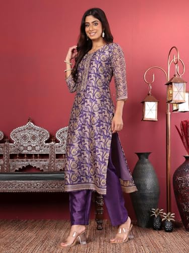 Image of Varanga Women Floral Printed Kurta Pant Set with Dupatta | Silk Blend Fabric | Summer Wear | 3 /4 Sleeve Round Neck | Lightweight & Comfortable Daily Wear