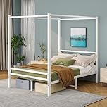 FOUBAM 4FT6 Double Canopy Bed Frame, 120x200cm Bed Frame Platform with Headboard, Heavy Duty Metal Vintage Bed Frame Double Size, Platform Mattress Foundation, Noise Free, Easy Assembly, White
