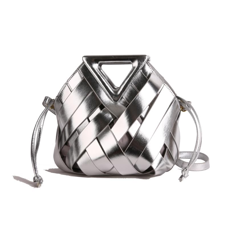 Bolso de cuero tejido, bonito bolso de mano con asa superior, elegante bolso cruzado de hombro, Tono plata