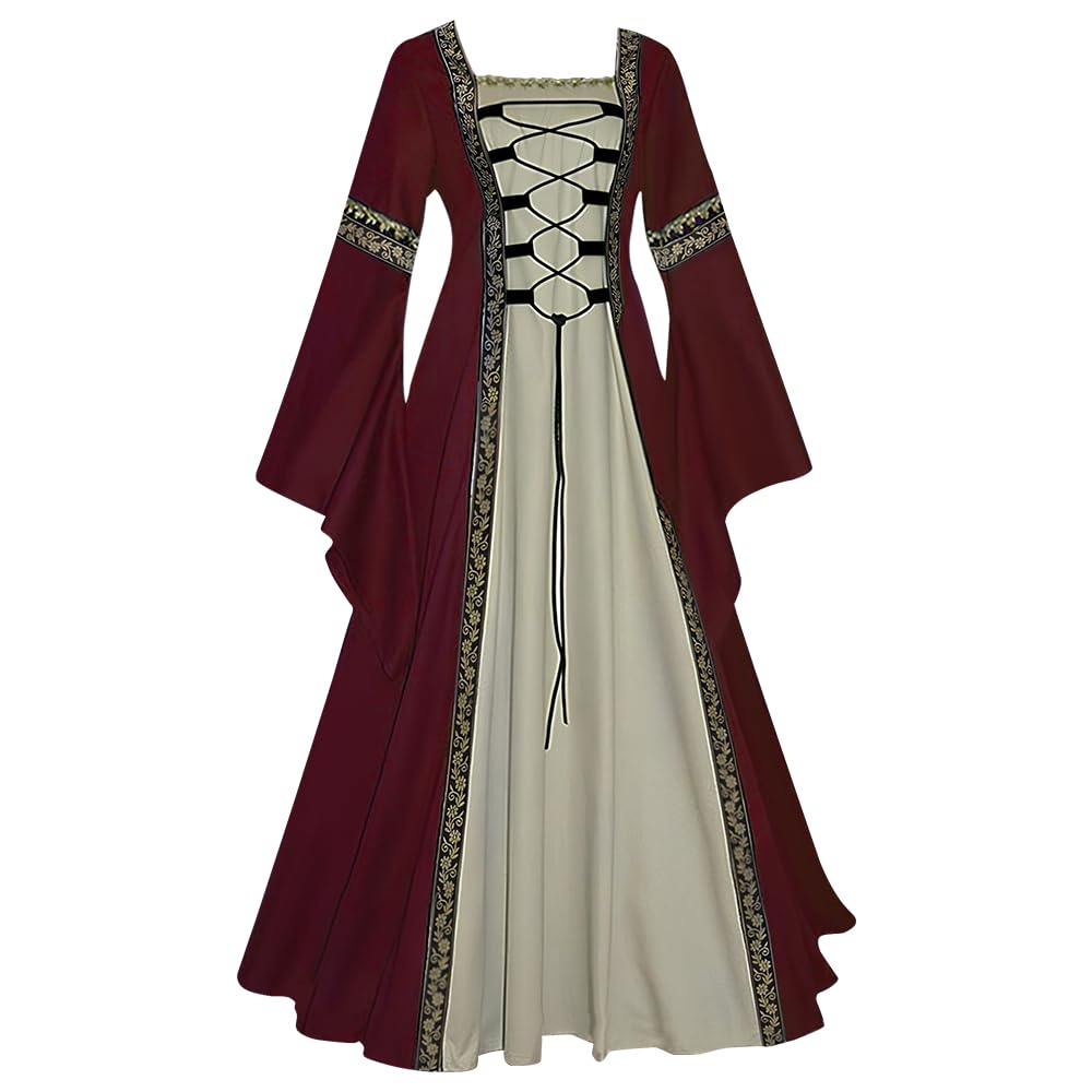 Feynman Women's Red Medieval Costume - Retro Medieval Dress Gothic Palace Trumpet Sleeves Party Renaissance Costume, M