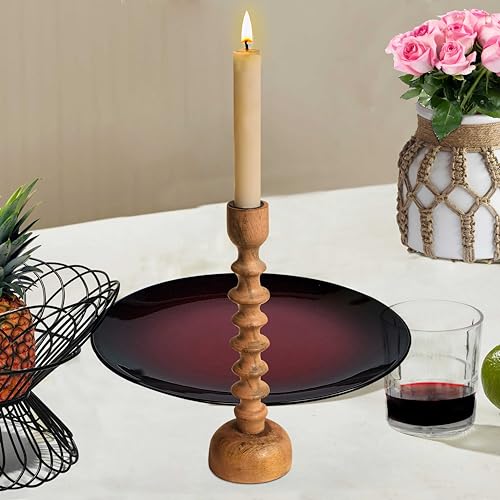 Image of Pure Source India Wooden Candle Holder for Taper Candles, Natural Mango Wood Vintage Style 26cm Tall Candle Stand for Fireplace Dining Table Centrepiece, Decorative Item for Home