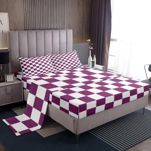 Image of Erosebridal Girls Purple Checkered Sheet Set White Lavender Buffalo Plaid Grid Bed Sheets Twin,Checkerboard Bedding for Kids Teen Women Geometrical Gingham Bed Sheet Set 3 Piece