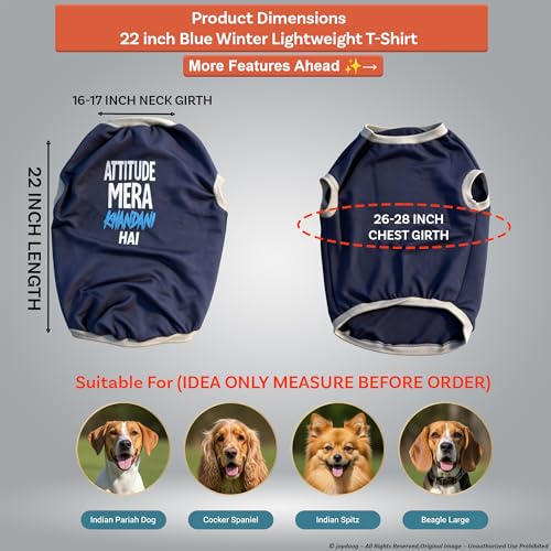 Image of JoyDaog Cozy Dog Winter Coat Blue Color 22 Inch(XXL)- inchAttitude Mera Khandani Hai inch Printed Soft Cotton Trendy Apparel for Large Breeds | Indoor & Outdoor