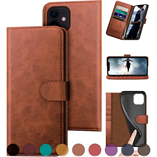 DuckSky for iPhone 11 Genuine Leather Wallet case RFID Blocking4 Credit Card HolderReal Leather Flip Folio Book Phone case Protective Cover Women Men for iPhone 11 case Light Brown