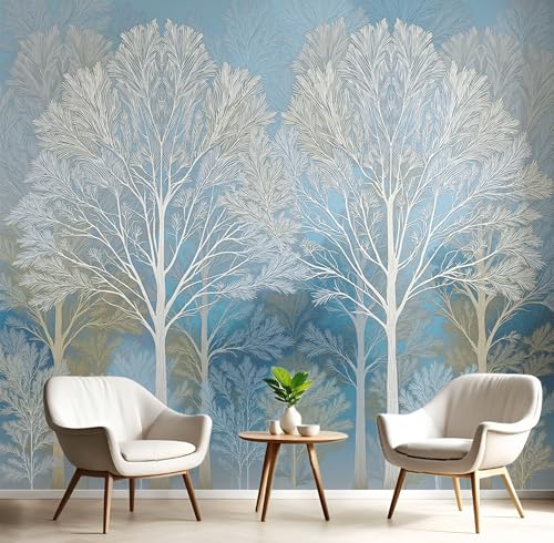 Agrandir un salon sombre grâce au papier peint panoramique forêt bleu ciel