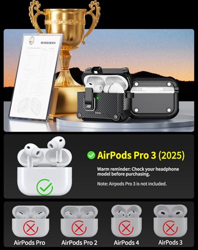 Image of Pohgelan for AirPods Pro 3 Case with Safety Lock-Black | Carbon Fiber Texture Cover,Magnetic Automatic Lock with Cleaning Kit&Keychain,Compatible with Magsafe